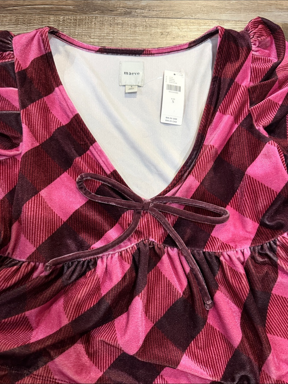 Anthropology Maeve Pink Plaid Velvet Peplum Long-Sleeve Top - Picture 3 of 6